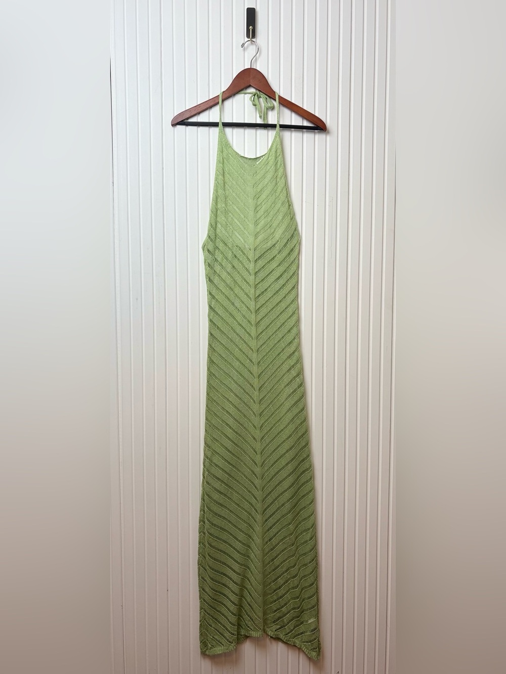 Womens Crochet Sheer Halter Maxi Dress L Green Beach Vacation Resort Summer Pool